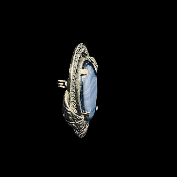 Vintage Silver Tone And Blue Swirl Glass Stone Brooch (4942) - Picture 2 of 6